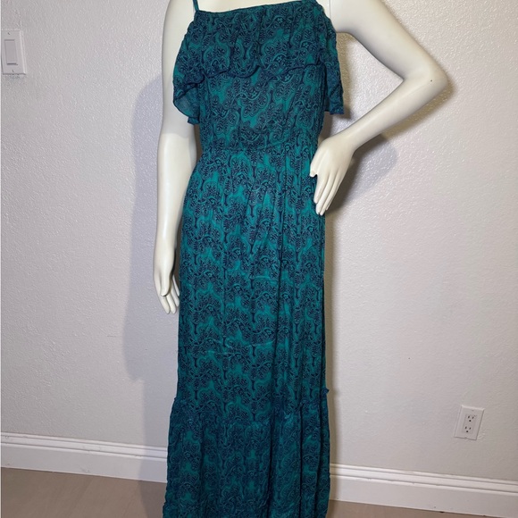 Angie Teal Blue Boho Maxi Dress - Size Large - NWT - Spaghetti Strap Ruffle Top - Picture 1 of 7